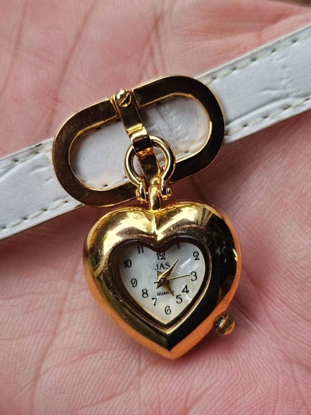 Vintage JAS Quartz Wristwatch White Leather Strap Gold Tone Case Ladies Watch